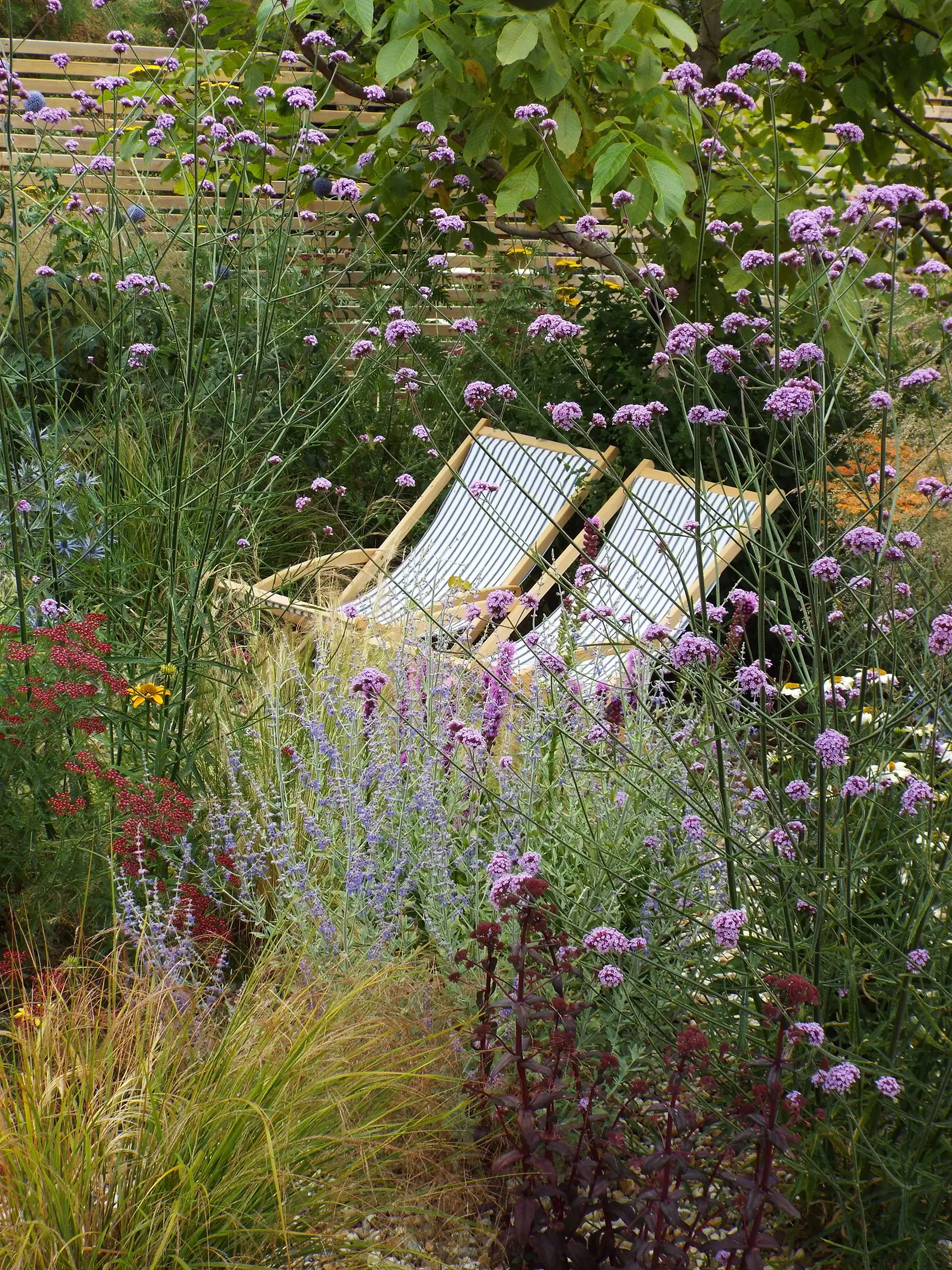 Two comfortable lounge chairs are nestled among vibrant garden flowers and greenery.