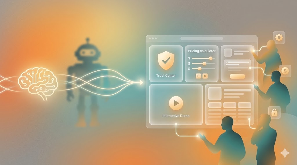 Ilustración conceptual de tendencias web SaaS 2026: integración de agentes de IA con interfaces modulares, calculadoras de precios y centros de confianza