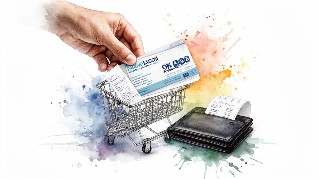 A hand places a receipt and loyalty card into a miniature shopping cart, beside a wallet, in watercolor.