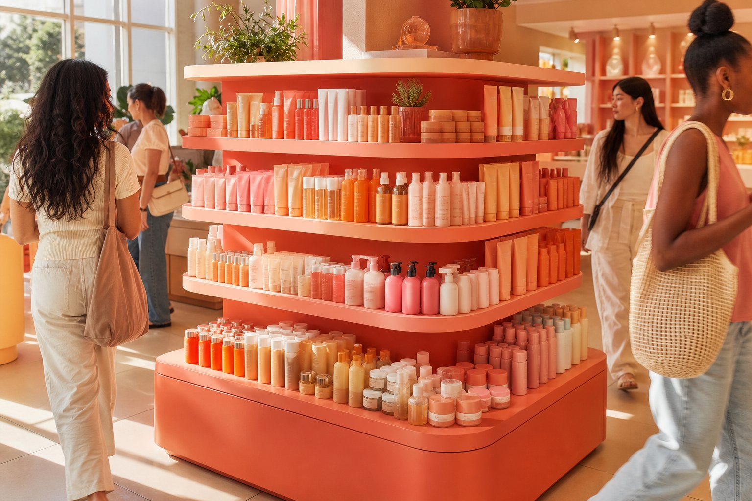A woman examining products at a retail shelf