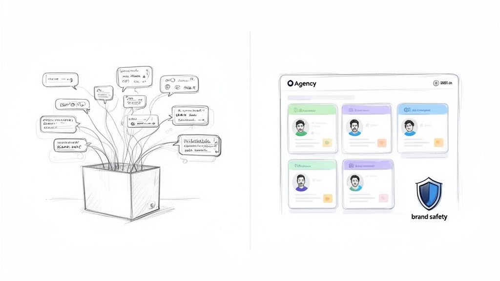 Sketch showing content ideas evolving from a box and an agency platform with brand safety.