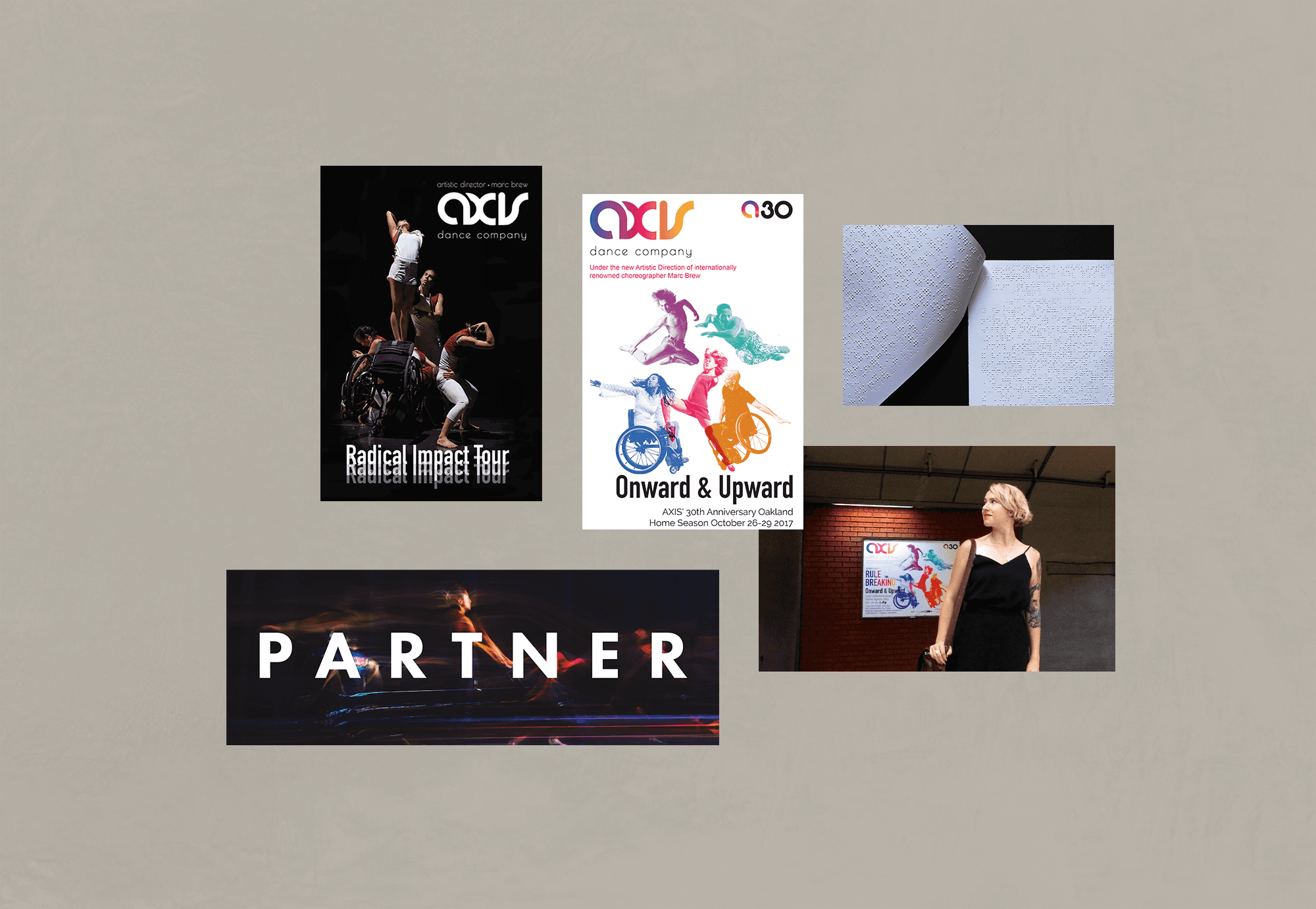 A collage of print materials for AXIS including two event programs with a version in braille, the back of a donation card, and a BART (public transit) ad for a performace. 