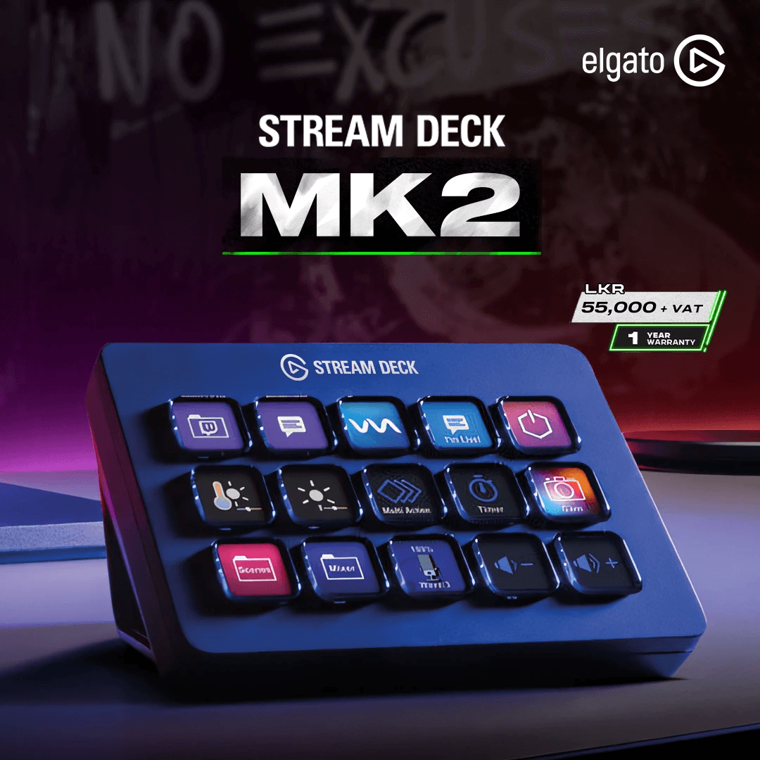 The image features an Elgato Stream Deck MK2 with customizable buttons displayed on a desk, surrounded by dynamic lighting, highlighting its interface and branding.