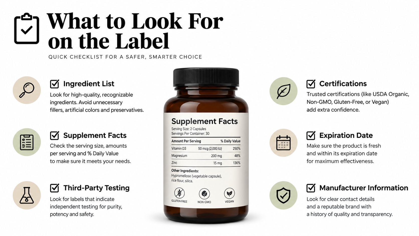 An educational infographic showing a supplement bottle with a checklist of what to look for on labels.