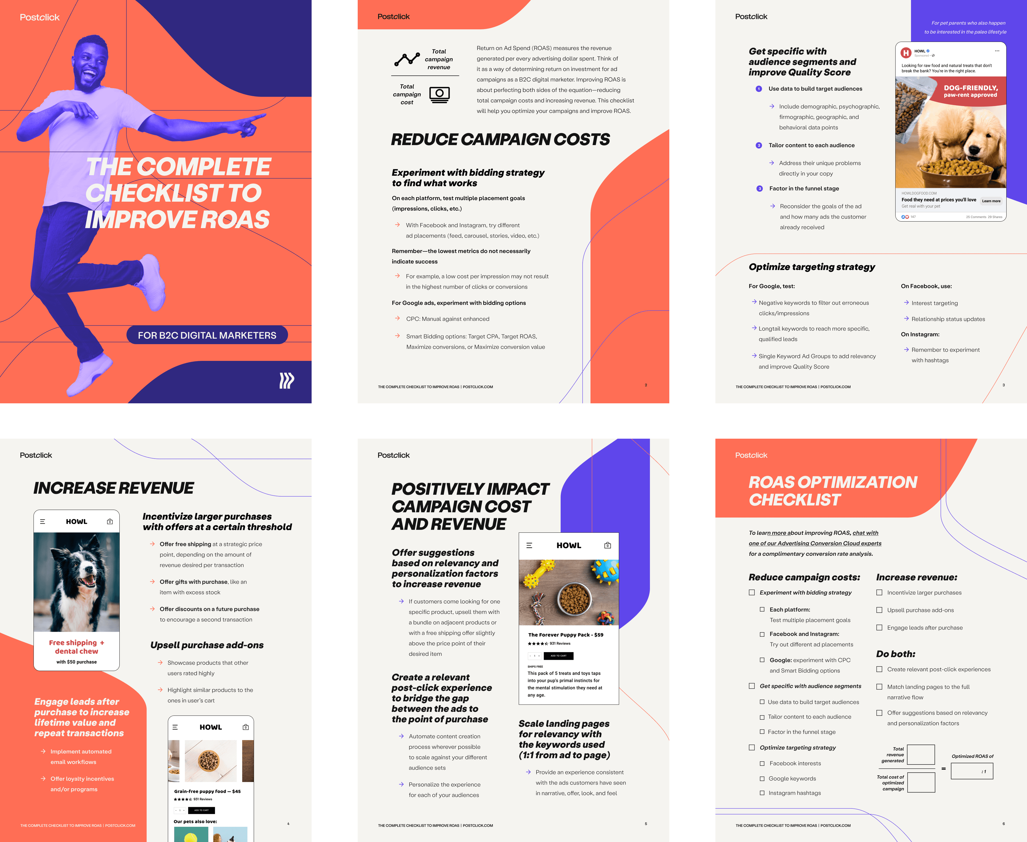Design layout for a checklist to improve return rates (ROAS) by giving strategies and examples of reducing campaign costs and increasing revenue