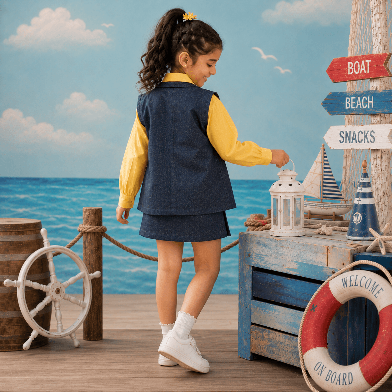 A young girl stands on a nautical-themed set wearing a navy blue denim vest and matching skirt over a yellow long-sleeve shirt, white socks, and white sneakers. The background features a painted ocean scene, a wooden ship's wheel, a weathered blue crate with a lantern, and a life preserver.