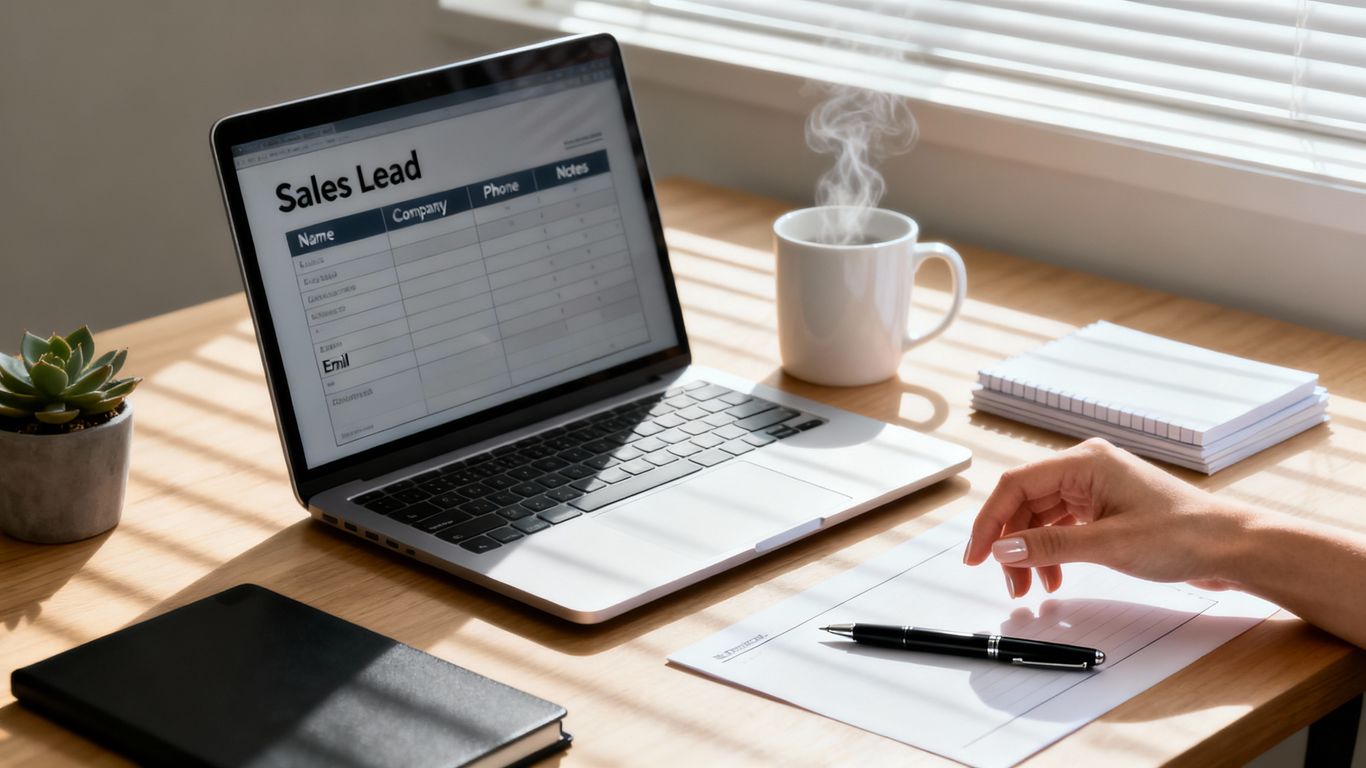 Sales lead sheet on a desk with a pen.