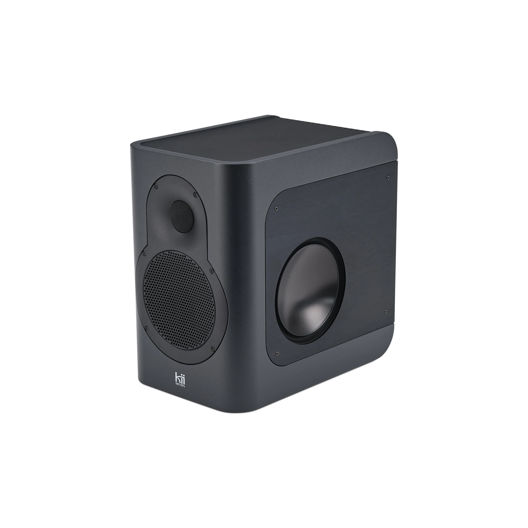 Kii Seven Fine Touch Dark Grey, vue de trois quarts avec son woofer latéral