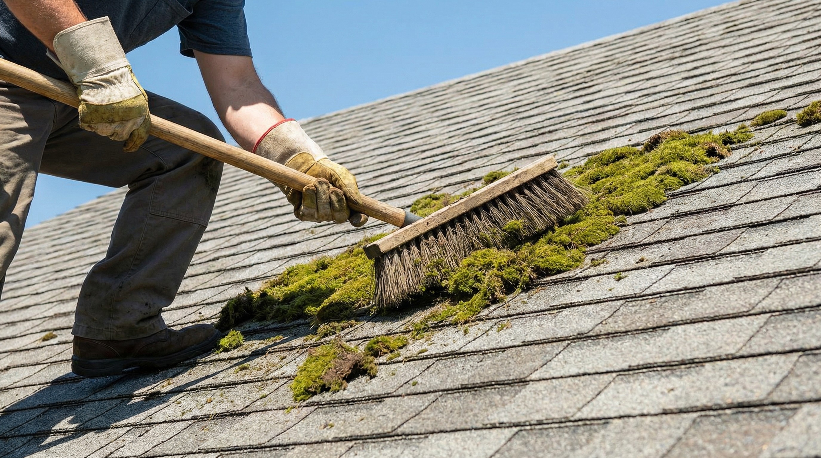 Person removing moss from a roof with a brush on a sunny day. Roofing maintenance.