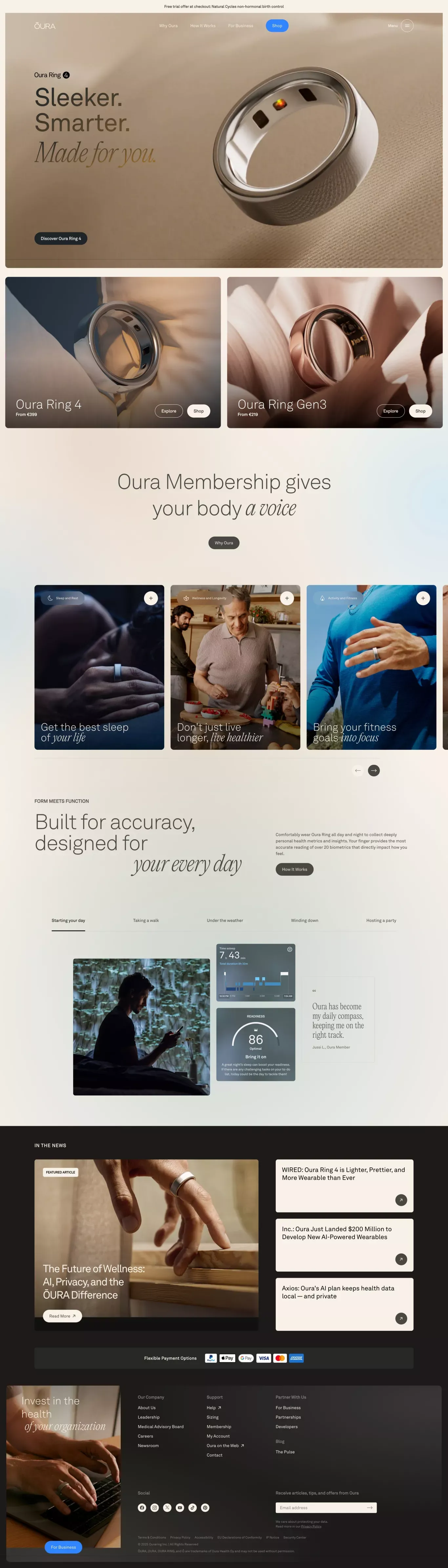 Oura Ring. Smart Ring for Fitness, Stres ecommerce page screenshot showcasing Ecommerce and Health & Fitness design