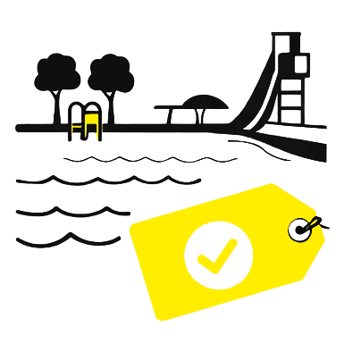 Illustration: Freibad mit Rutsche und Rabatt-Tag – ‚ermäßigter Freibad-Eintritt‘ für Mitglieder im Freibad Ludwigsburg in der Sommersaison.