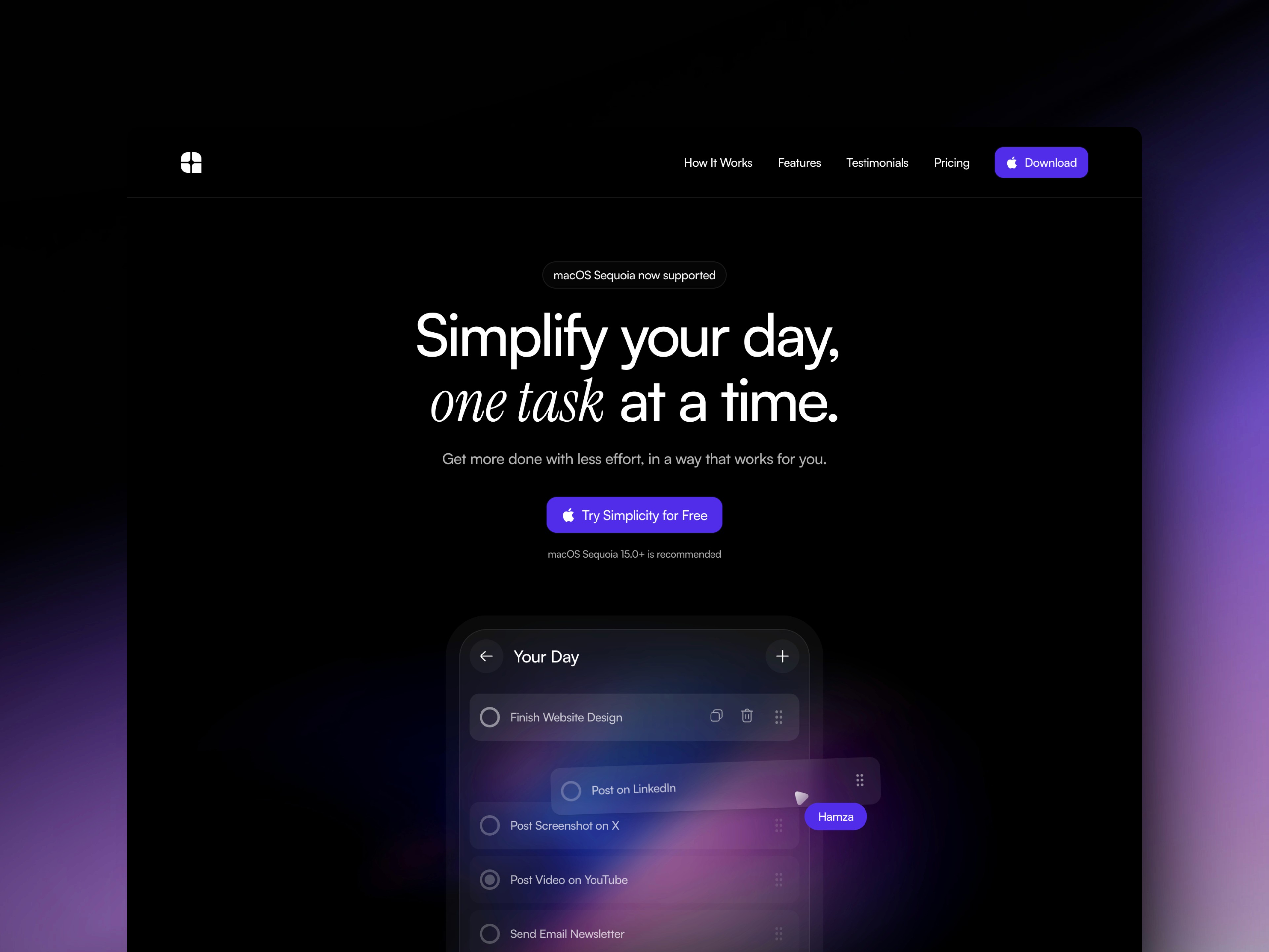A dark-themed website interface with text about simplifying daily tasks and a call to action button.