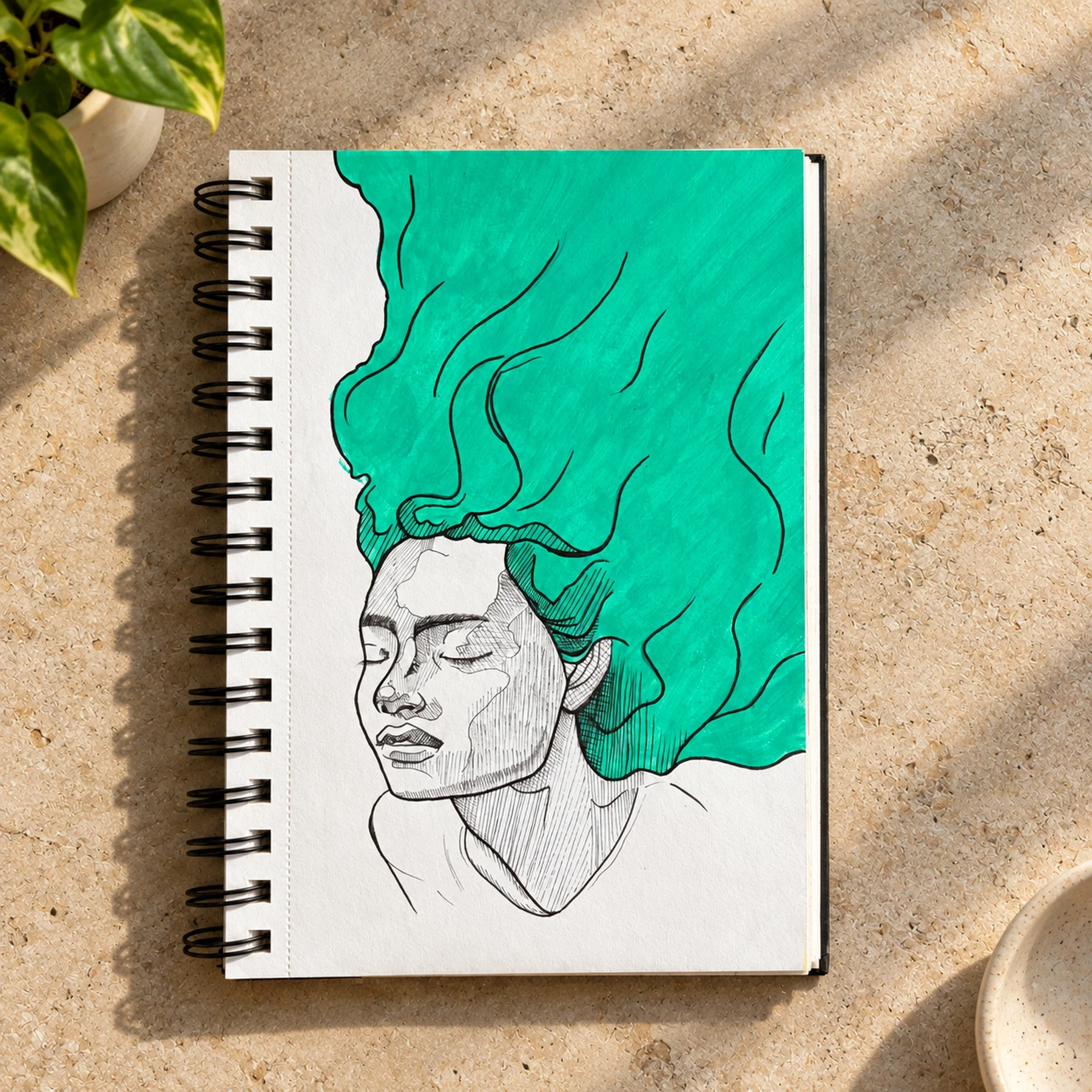 Portrait of a woman with flowing green hair filling the background.