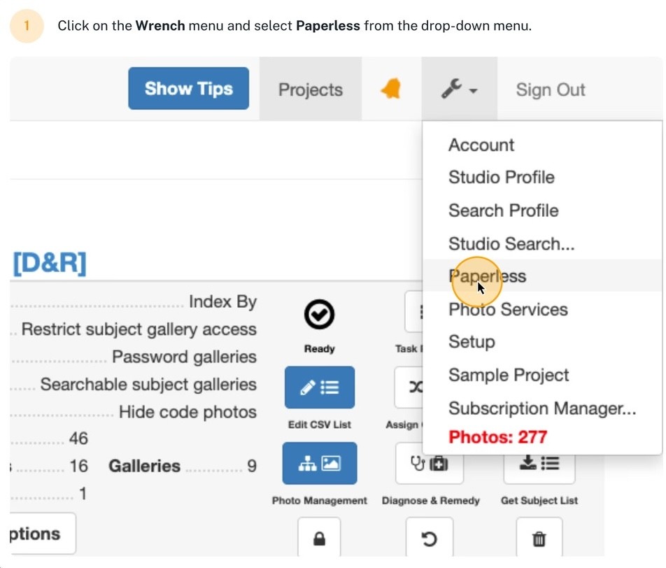 Snapizzi Wrench menu showing the Paperless option for quick access to Paperless Camera Cards.