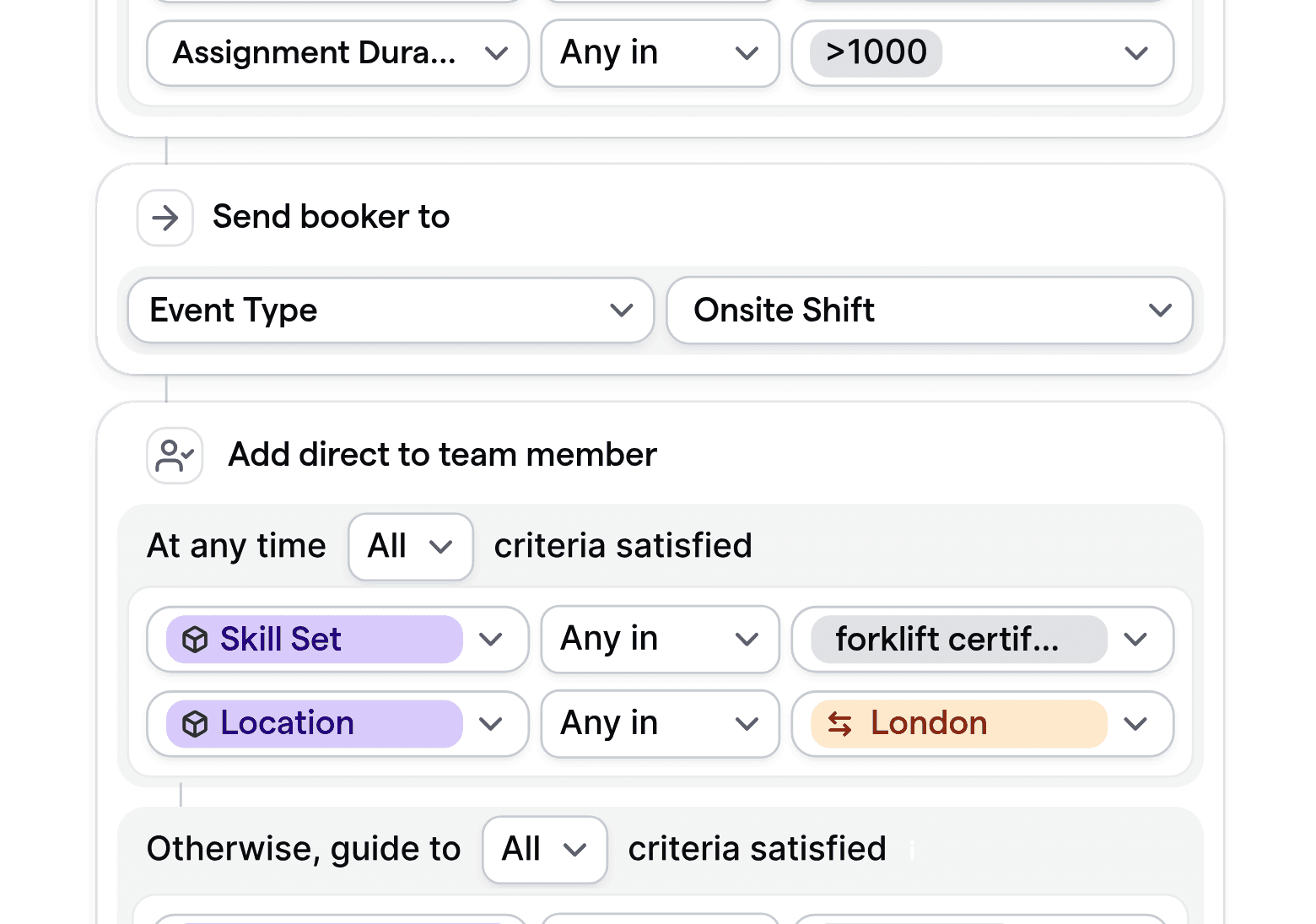 Customizable routing logic for temporary staffing, with assignment duration, skill set, and location filters.
