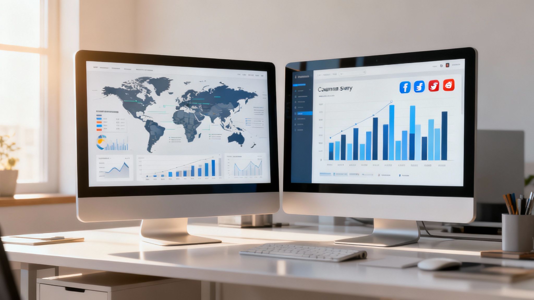 A person sitting in front of a computer with graphs and charts on the screen, analyzing data.