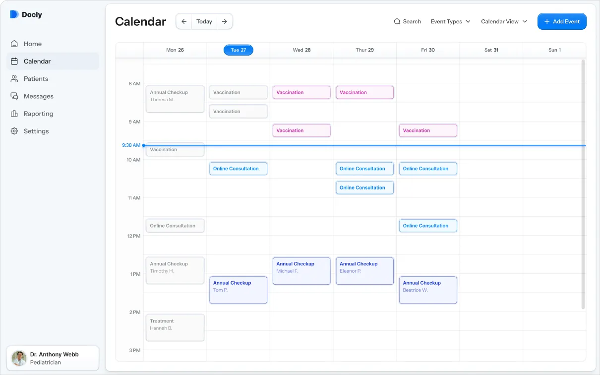 Healthcare web application UI design presenting a calendar view for managing patient appointments