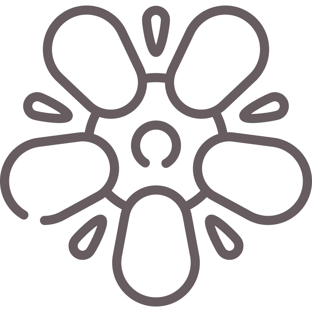 Flower-like design composed of five symmetrical petal shapes arranged around a central circle.