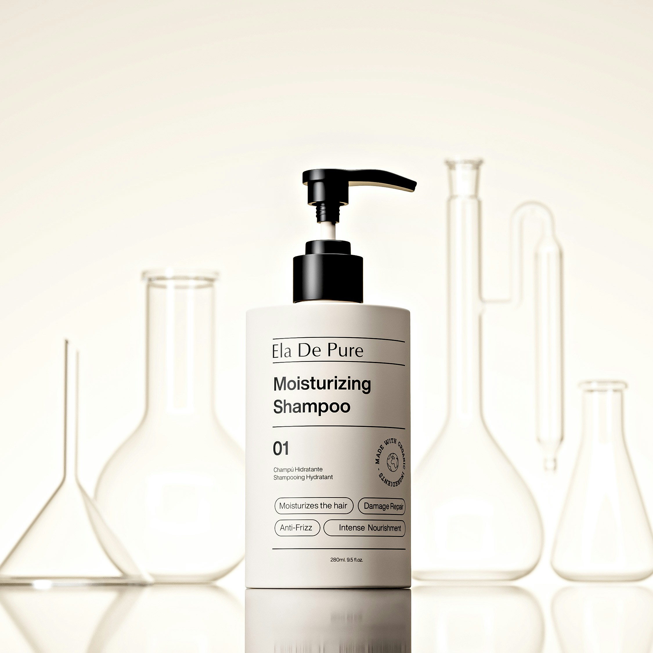 Shampoo bottle with lab equipment in the background.