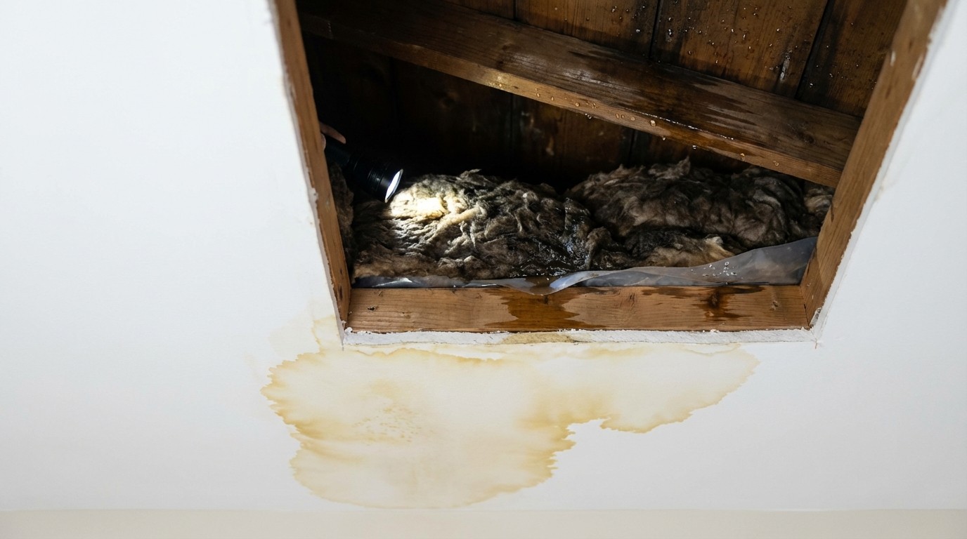 Attic water damage and ceiling stains from roof storm damage leak
