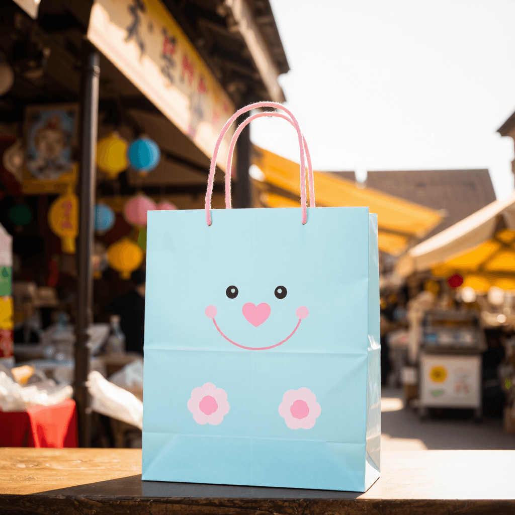 product photography of a decorative paper bag featuring a cute character design, suitable for gifting or carrying items