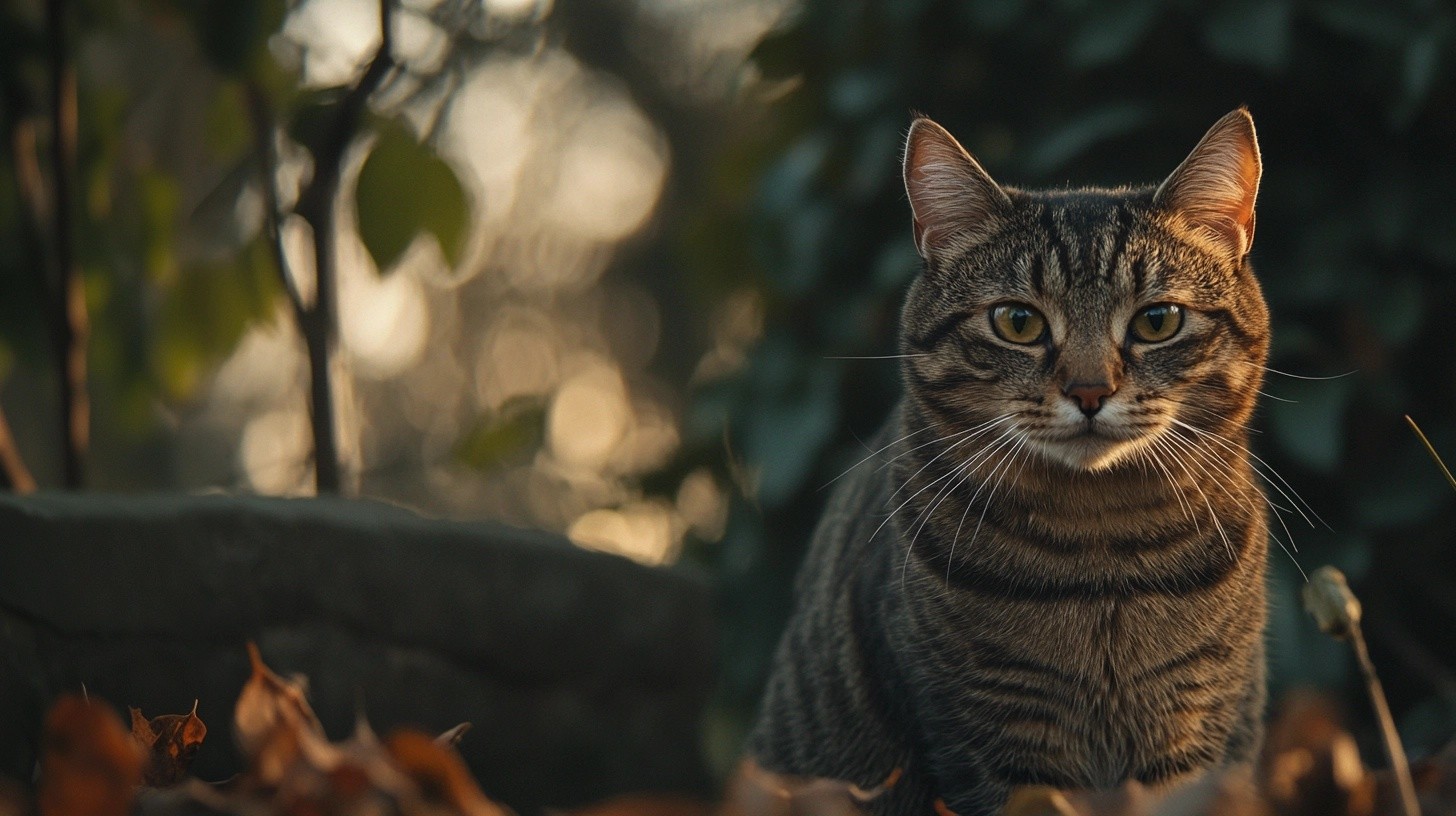 A tabby cat outside