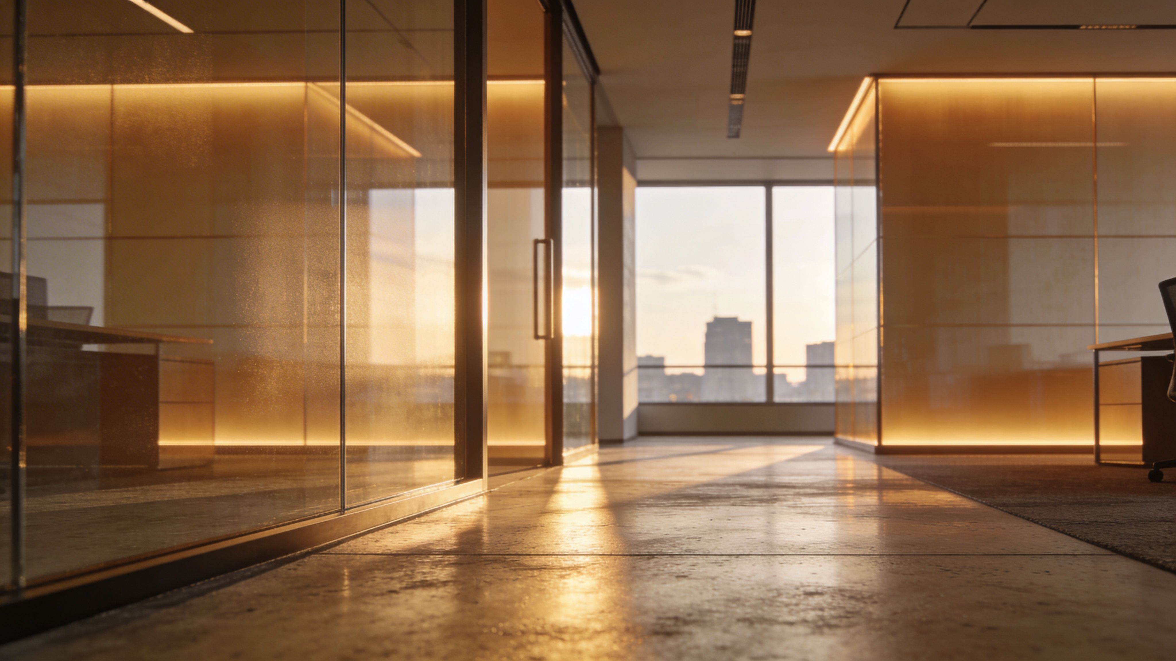 Glass-partitioned office corridor with soft ambient lighting and golden hour reflections