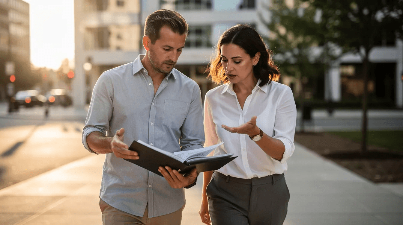 A couple is walking outside, engaged in a discussion while holding a folder filled with papers. They appear to be reviewing important documents related to financial topics, possibly involving sweep accounts and strategies to manage excess cash for enhanced cash safety.