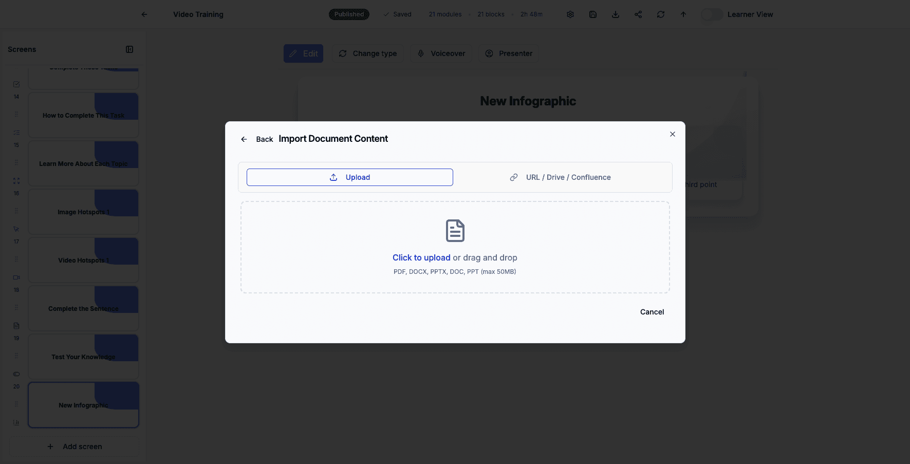 Click URL / Drive / Confluence to import content from web links or connected platforms.