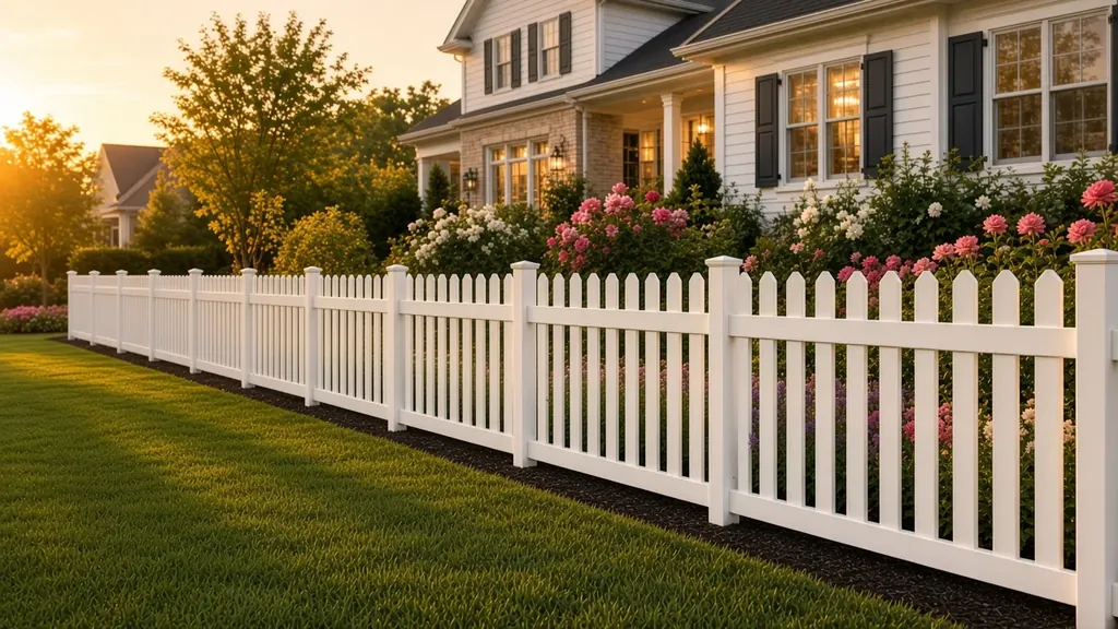 White vinyl picket fence framing a front yard and flower beds at golden hour