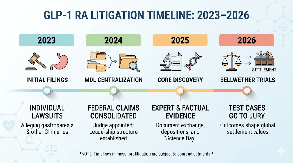 GLP-1 lawsuit timeline showing key milestones from first filing to bellwether trials