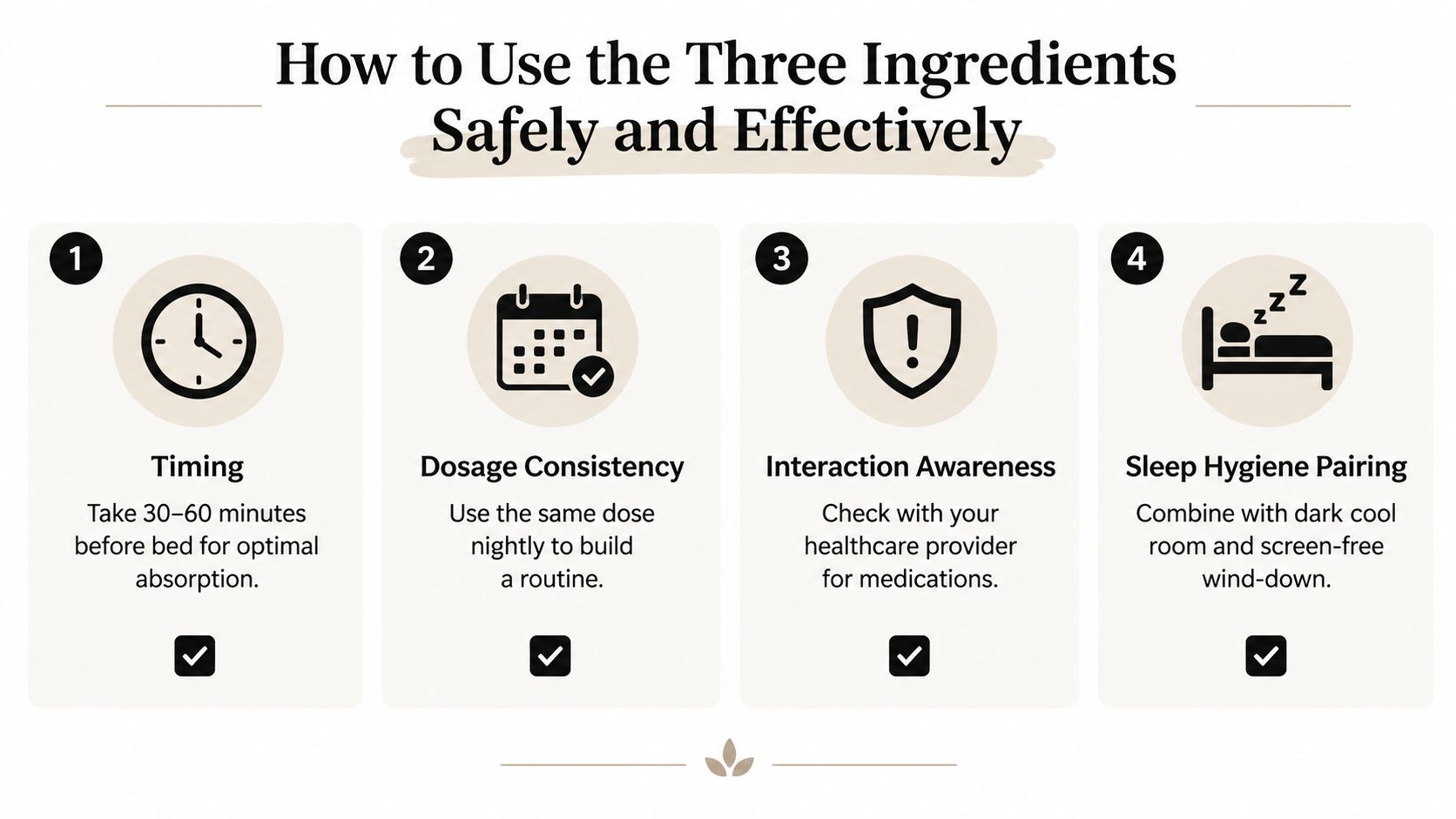 A guide on how to safely use three sleep ingredients, featuring four numbered steps for better rest.