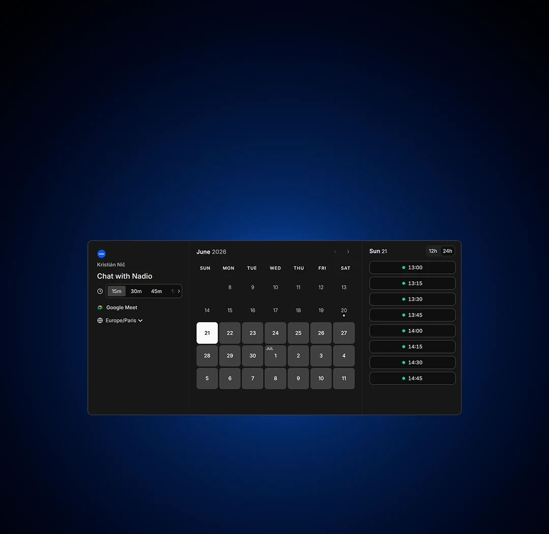 Booking calendar interface snippet representing the Strategy & Scope initial alignment phase.