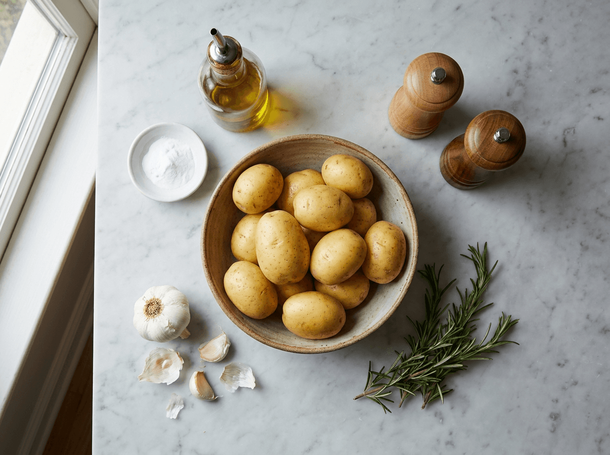 Overhead flat-lay of roasted potatoes recipe ingredients including Yukon Gold potatoes, olive oil, garlic, and rosemary