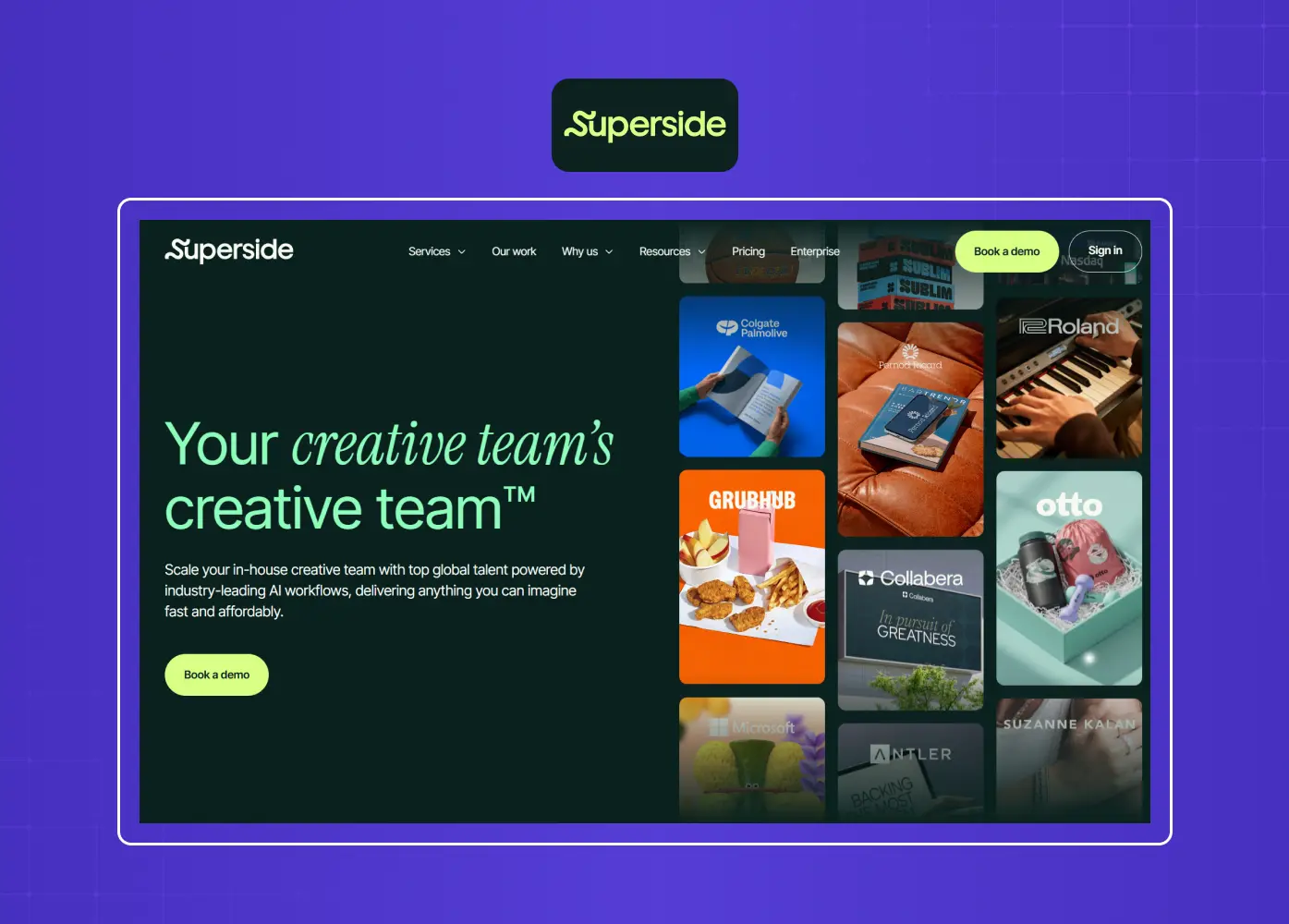 Creative-as-a-service platform homepage highlighting global design teams and featured client work.