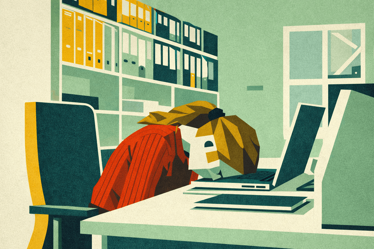 Giovane professionista esausto addormentato sulla scrivania dopo ore di lavoro e studio al computer