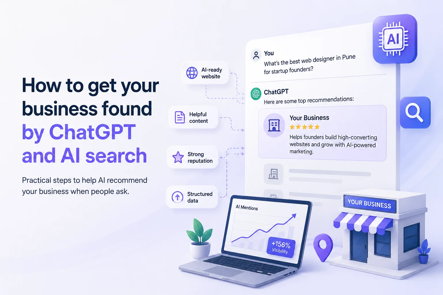 Illustration showing how businesses can improve visibility in ChatGPT and AI search through an AI-ready website, helpful content, strong reputation, and structured data.