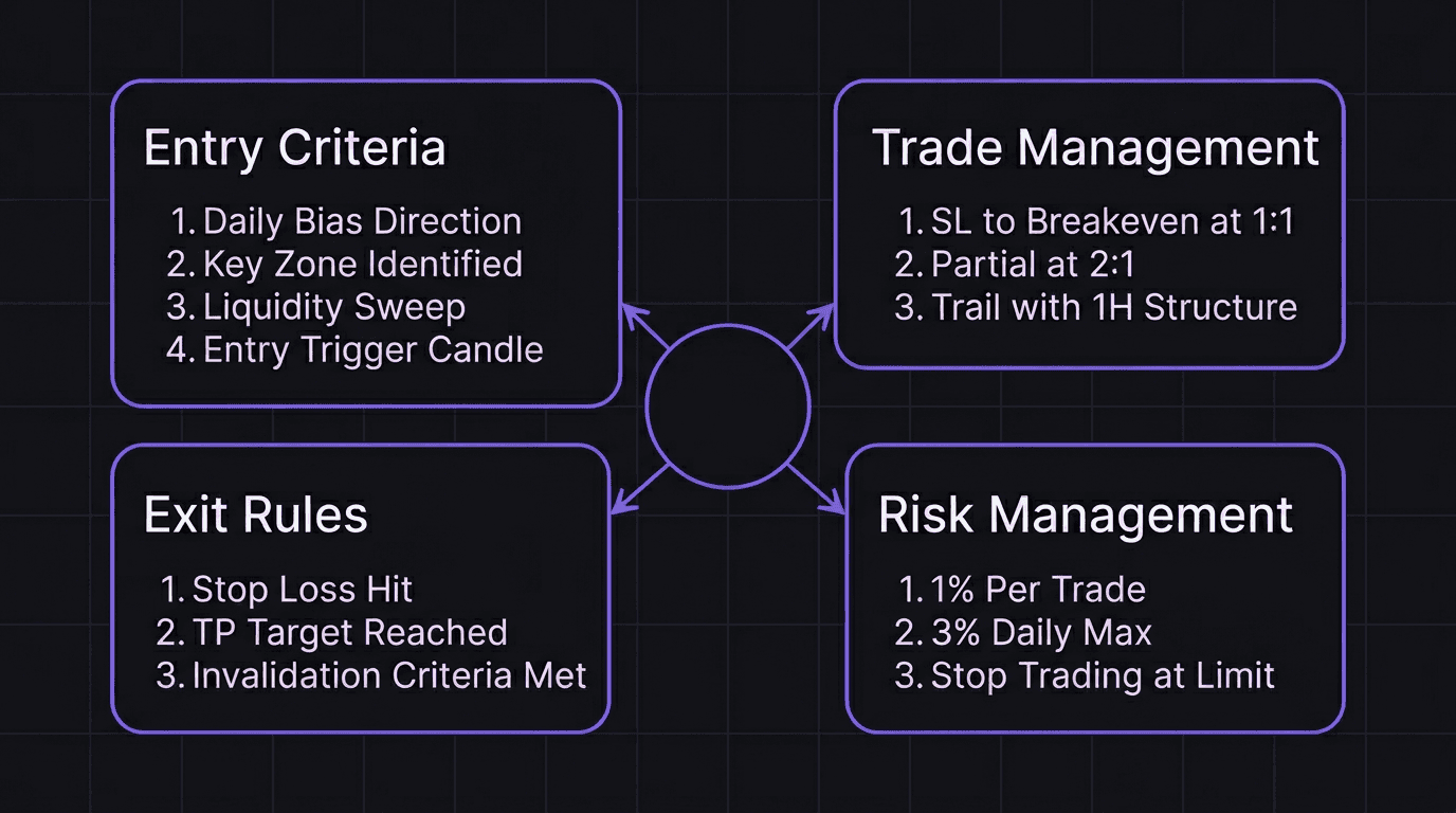 Diagram showing the four core components of a mechanical trading plan: entry criteria, trade management, exit rules, and risk management