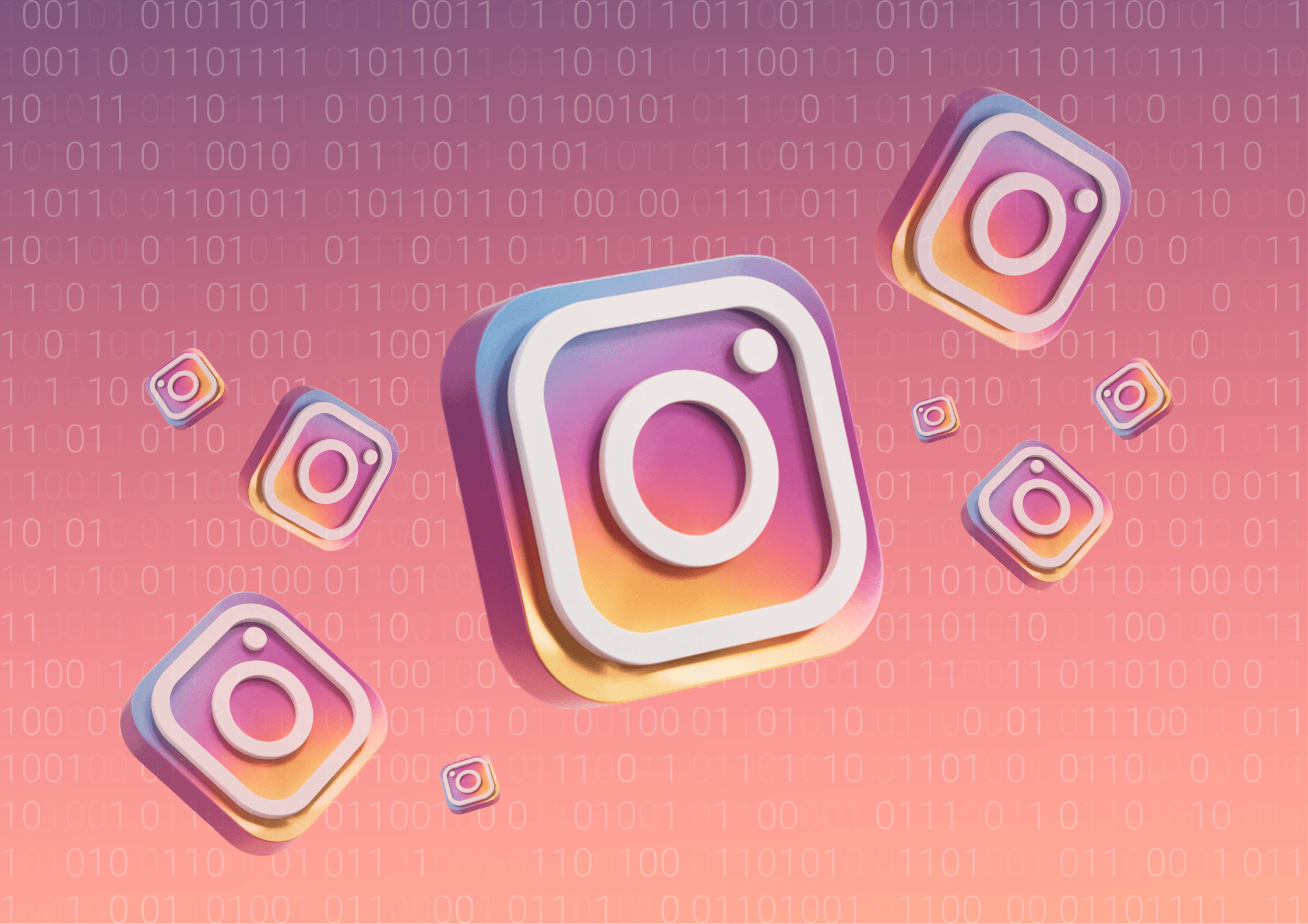 Biznes na Insta – trójwymiarowe logo Instagrama na tle zer i jedynek. Skuteczna strategia jako klucz do przyciągania klientów, zamiast dążenia do perfekcji.