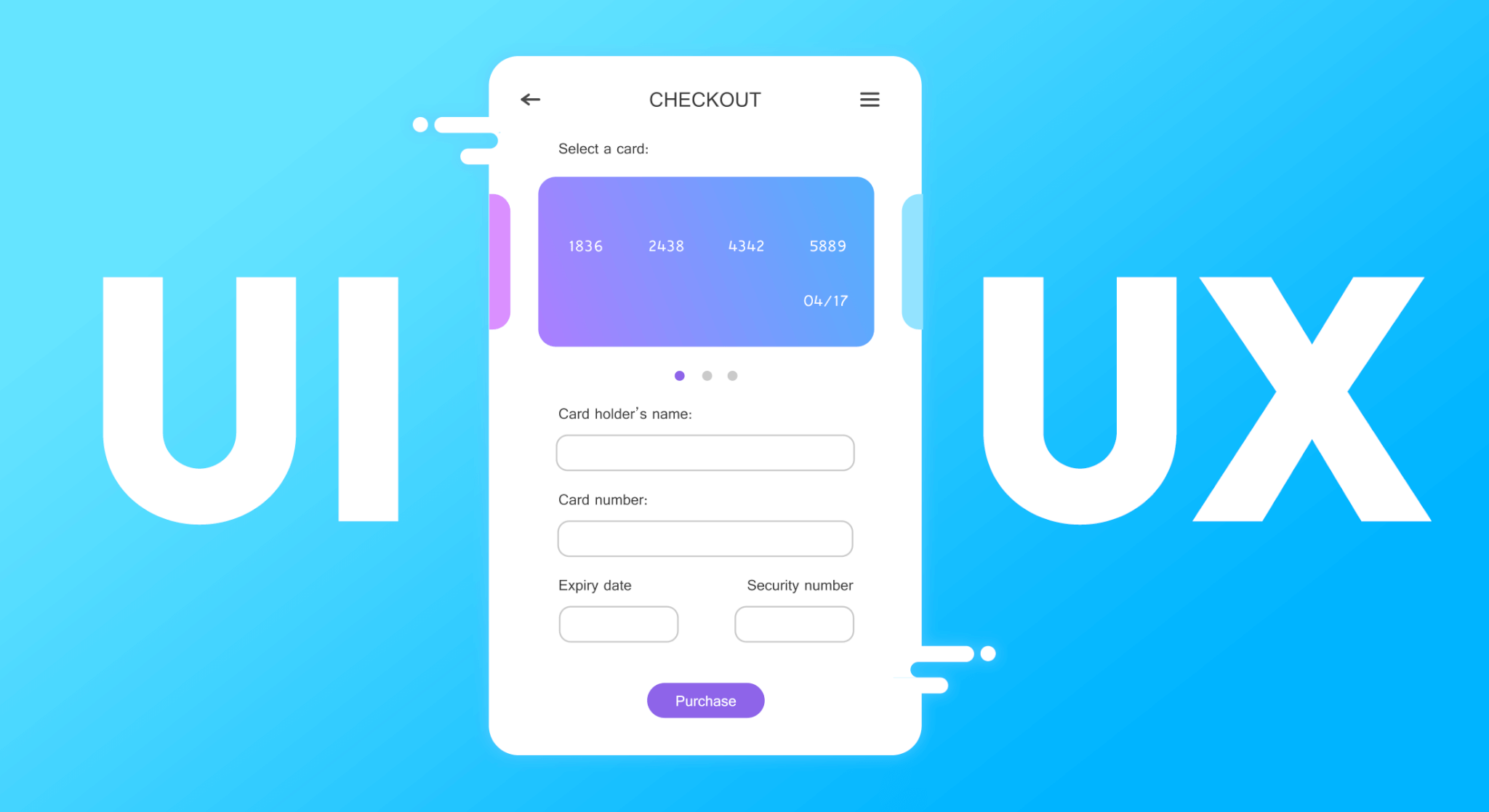 Checkout UI mockup with credit card payment form flanked by large UI and UX typography on blue background