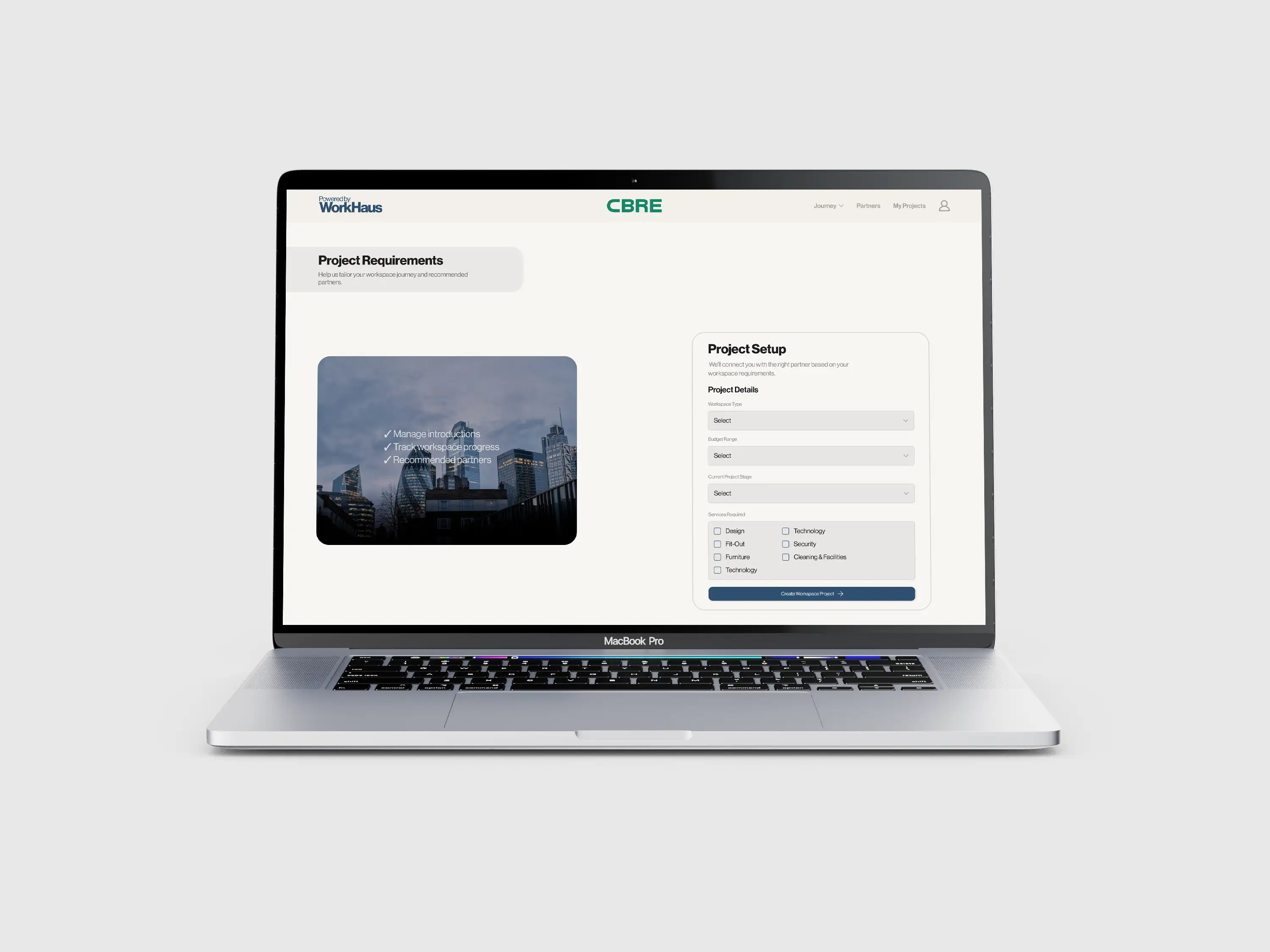 WorkHaus prototype on a laptop, showing a property photograph and project information form.