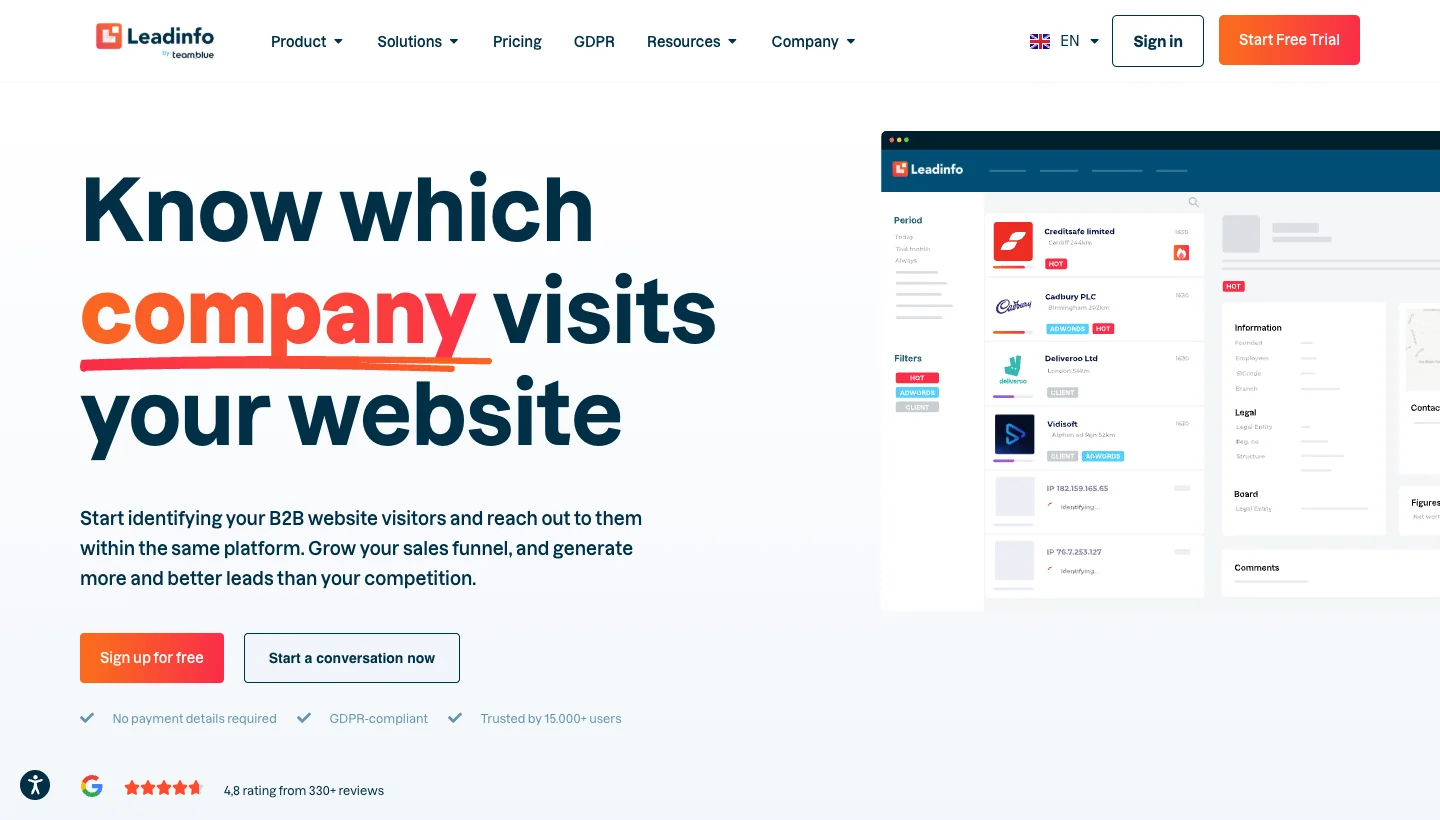 Leadinfo homepage: website visitor identification and contact discovery tool