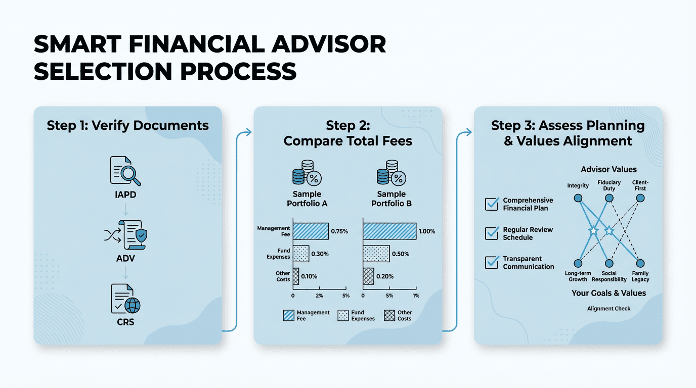 Horizontal infographic showing a three-step financial workflow: verify documents (IAPD, ADV, CRS), compare total fees for two sample portfolio sizes using a paired bar chart, and assess planning and values alignment with checklist and alignment markers.