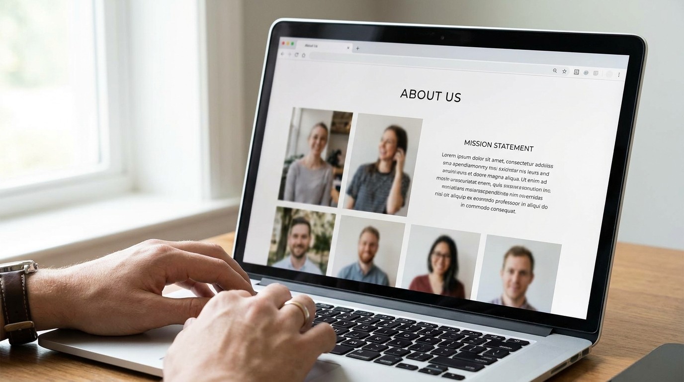 Über uns Seite gestalten mit echten Teamfotos und klarer Mission auf dem Laptop