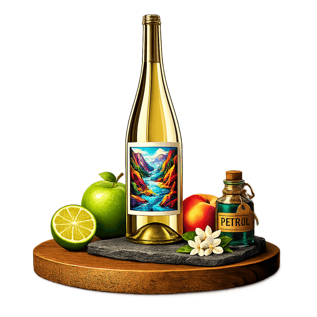 Artistic label and flavor profile for Finger Lakes Riesling on a rustic wooden table.