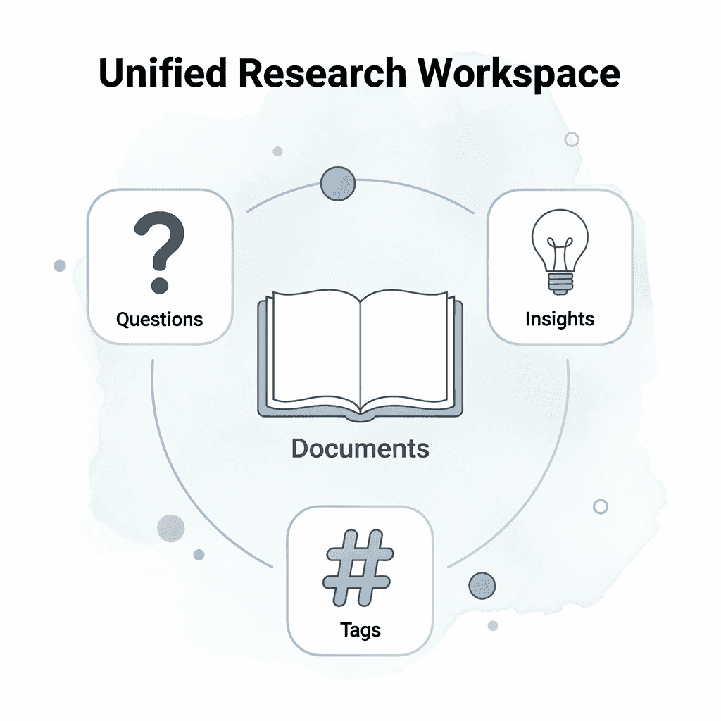 Hub and spoke diagram showing unified research workspace components