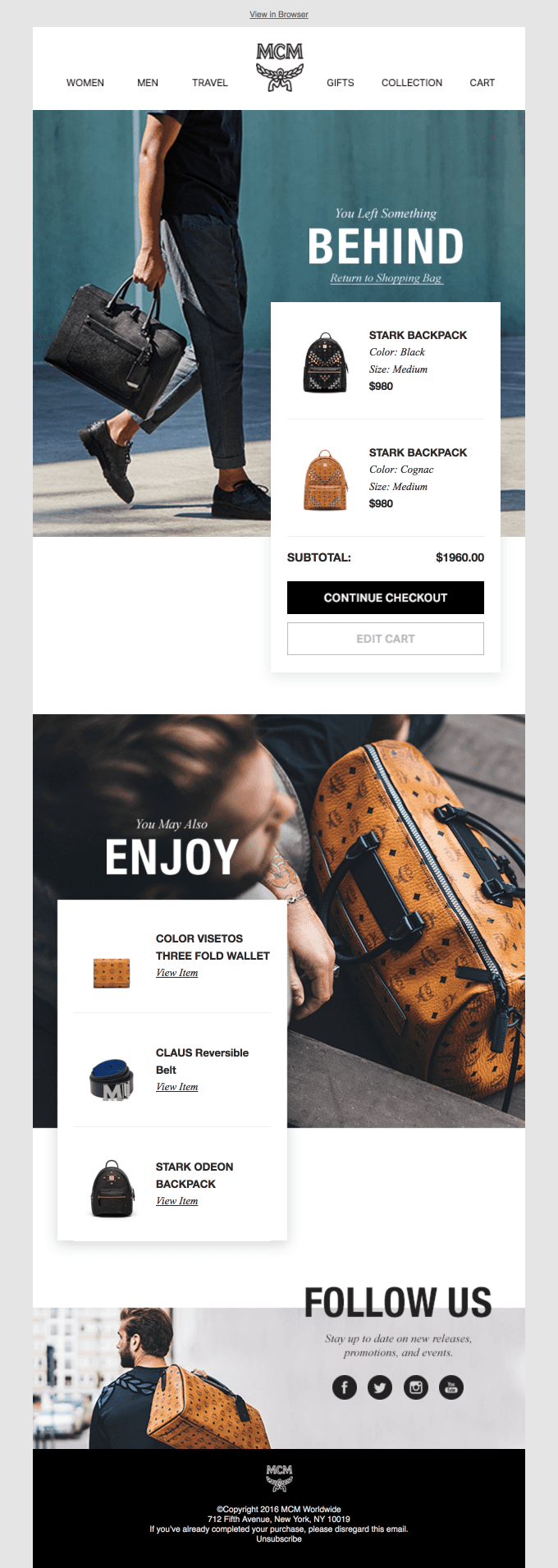 MCM browse abandonment email highlighting premium backpacks left in the cart, alongside complementary product suggestions and a Continue Checkout button