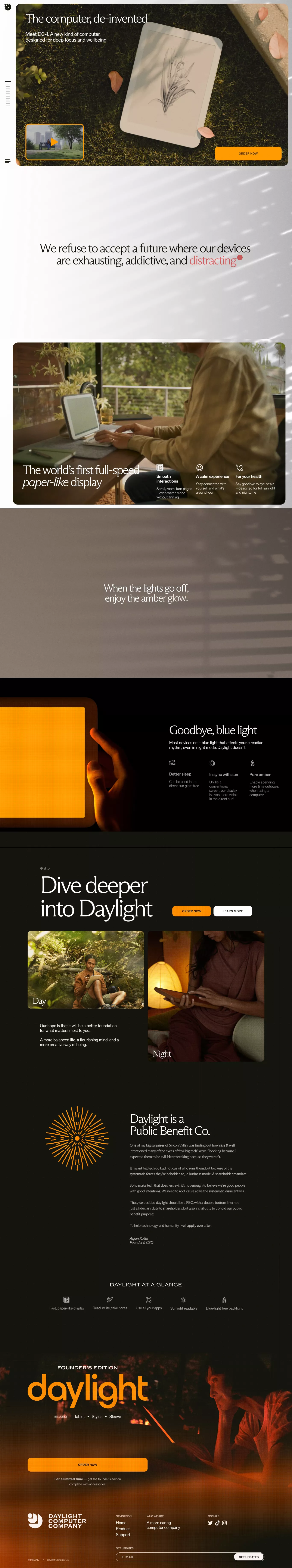 Daylight landing page screenshot showcasing Tech design
