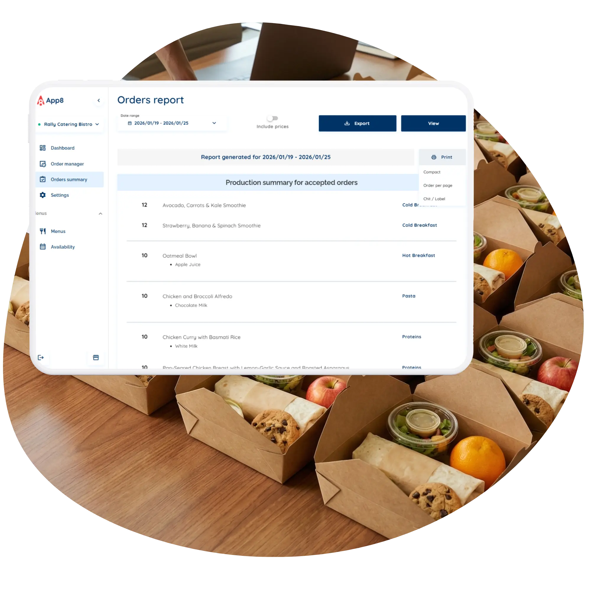 Digital catering production sheets and packing lists for kitchen fulfillment and delivery routing