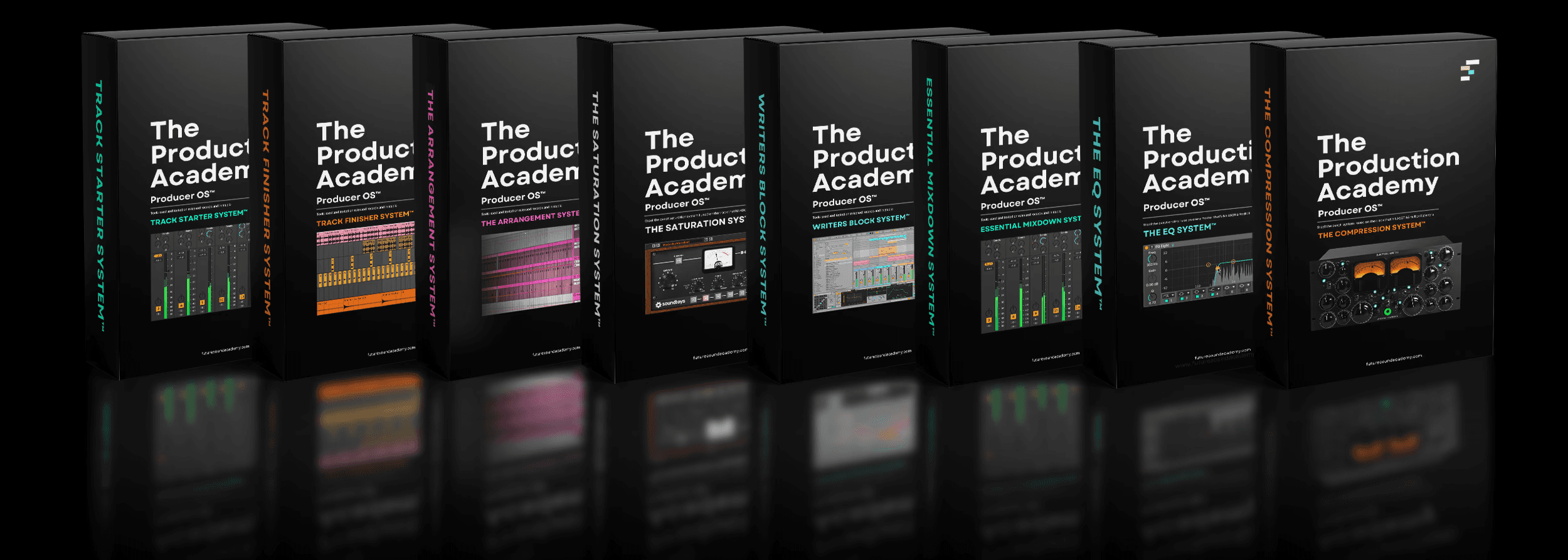 A series of nine sleek, black product packages displayed in a row, reflecting light underneath.